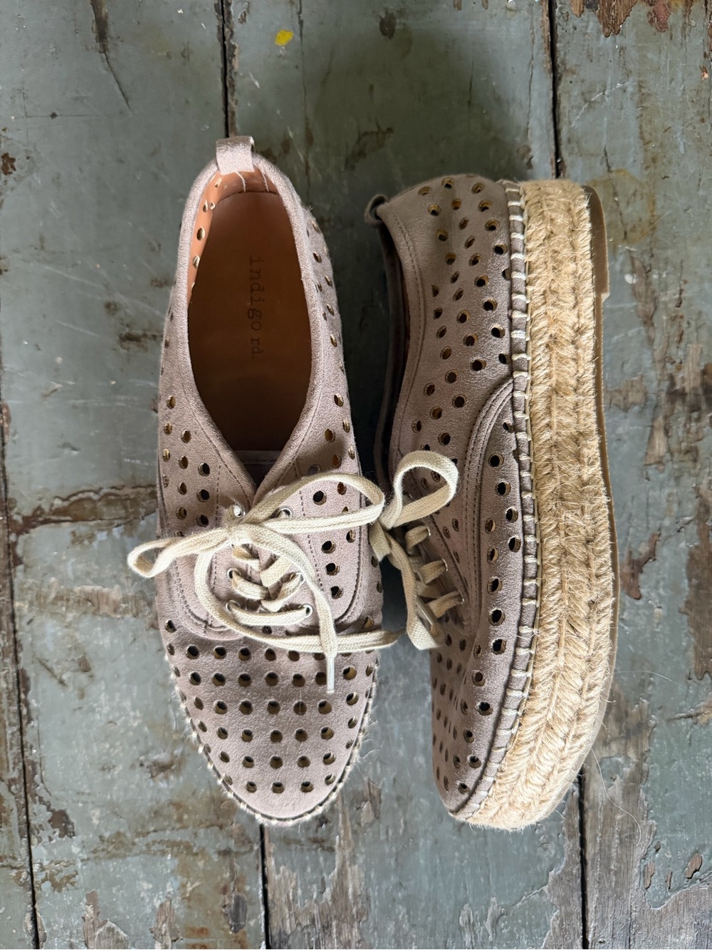 MMAO Indigo Taupe Perforated Espadrille Platform Oxfords